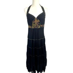 Vintage 90s Y2K Marciano Fairy Whimsigoth Beaded Dress Size S Black Chiffon Boho